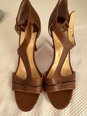Christian Louboutin Brown Leather T-Strap Heels with Buckle